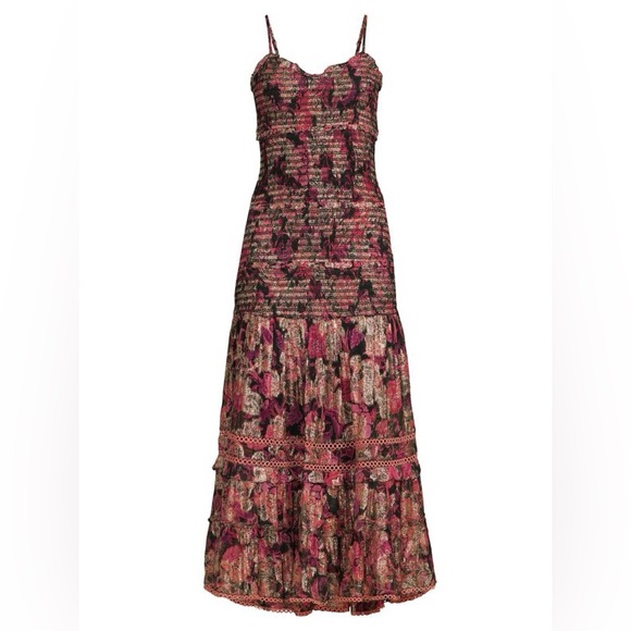 Hemant & Nandita Smocked Floral Metallic Tiered Maxi Dress Anthropologie REVOLVE - Picture 6 of 9